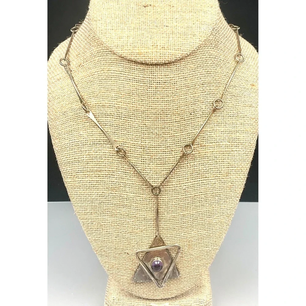 Sterling Silver Modernist Necklace Natural Amethyst Studio Artisan 33.9g 1973